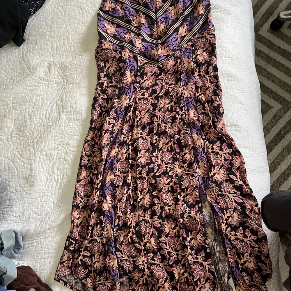 Free People Purple and Black Smocked Tiered Midi Dress